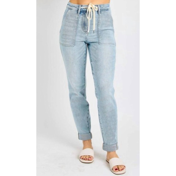 Judy Blue Denim - Judy Blue High Waist Vintage Double Cuffed Jogger Jeans Light Wash Size 30 Denim